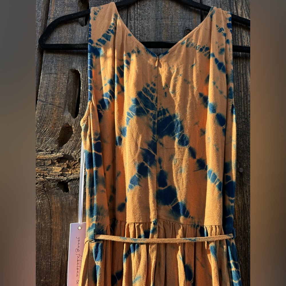 NWT Young Fabulous & Broke Blue Frida Dress in Tan & Blue w Slit & Belt - Picture 8 of 14